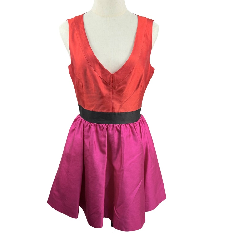 Kate Spade Size 6 Red Pink Silk Blend Colorblock Fit Flare Dress Pockets Wedding